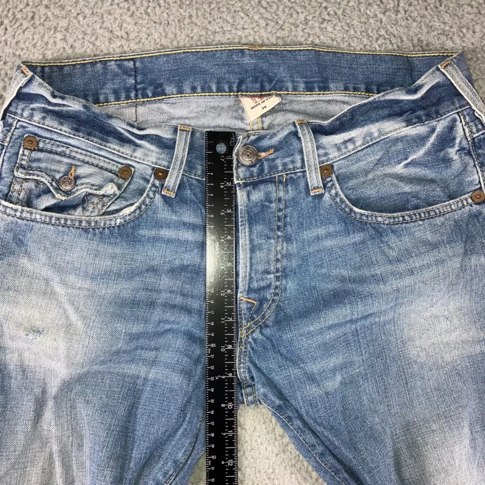 Vtg True Religion Slim Straight Jeans Men 34 Blue Flap Pocket Whiskered USA Made